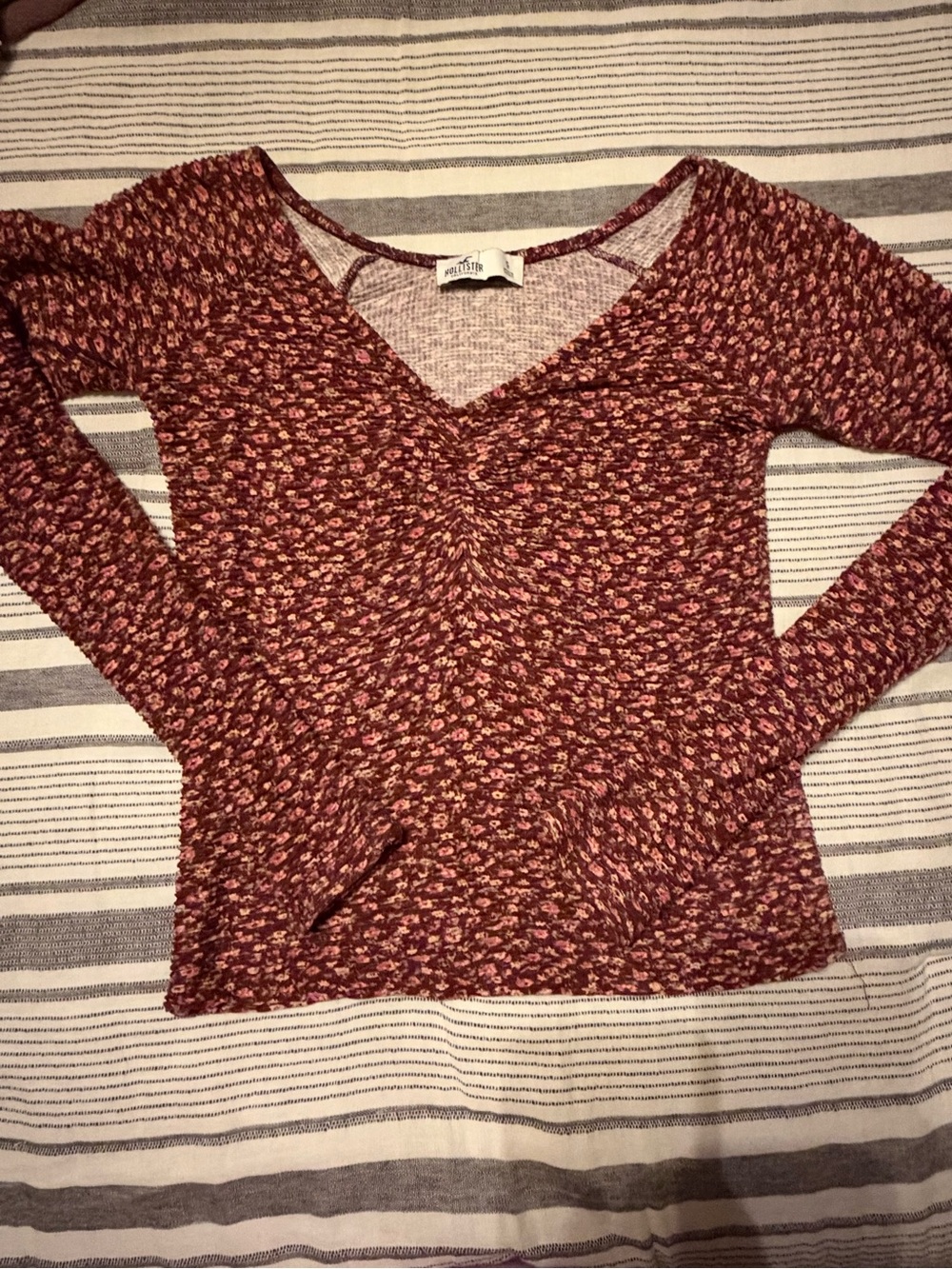Hollister Burgundy Floral V-Neck Long Sleeve Top